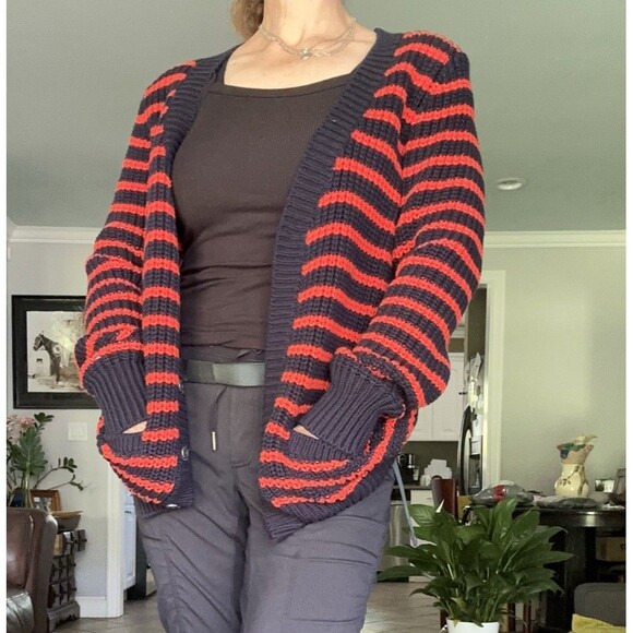 Tommy Hilfiger Womens Nordic Cable Knit Cardigan Size L/G Orange/ Navy - Picture 5 of 10